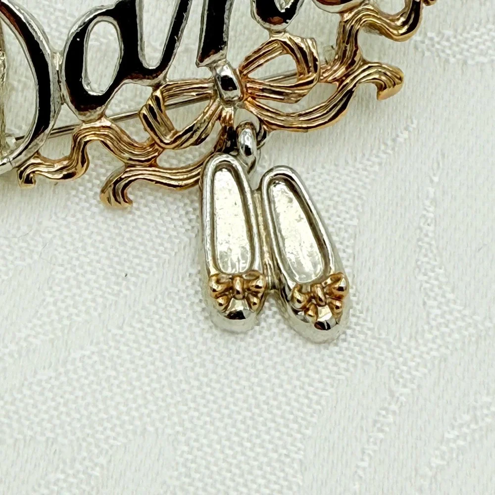 Vintage Mixed Silver and Gold Tone DANCE Bow Ballet Slippers Pin Brooch Pendant